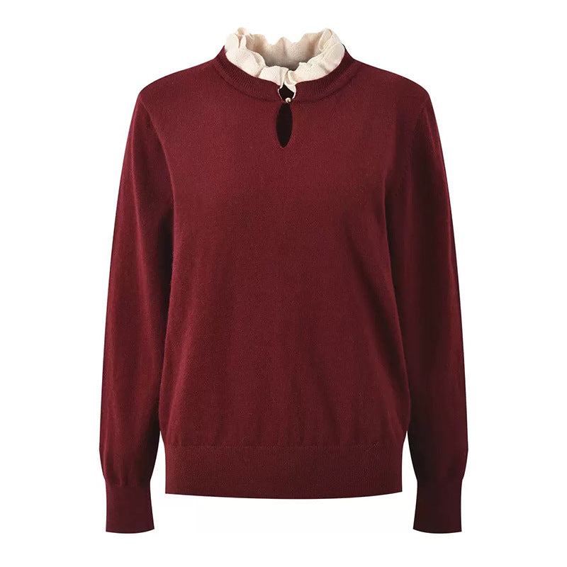 Stylish Knit Top for Women with 3D Ruffled Collar and Teardrop Neckline, Fashionable Stitched Design