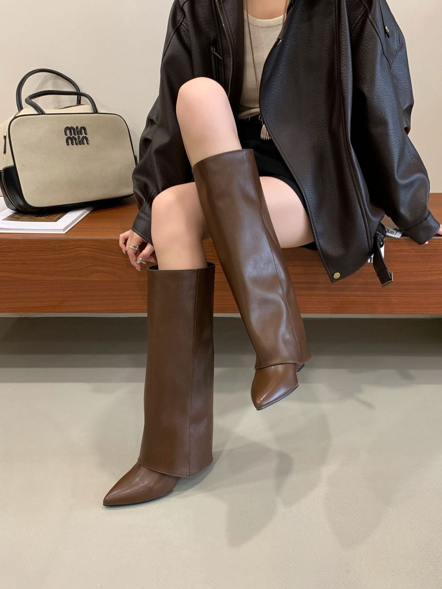 Fashionable Square Toe Slimming Versatile Flat Mid-Heel Elegant French Style Over-the-Knee Boots for Women