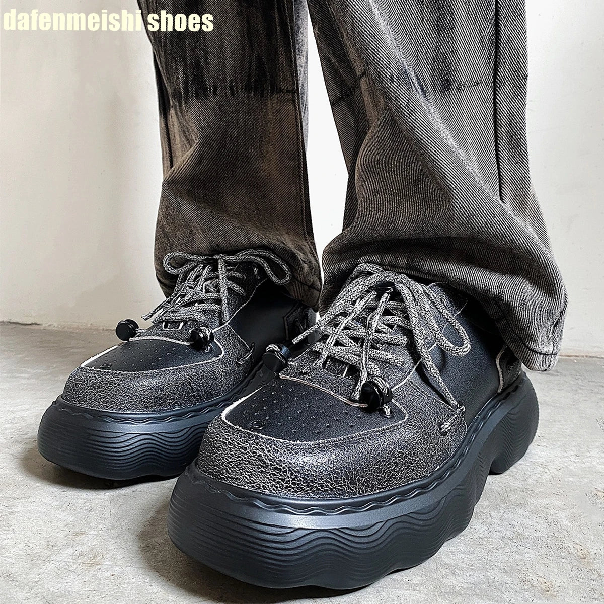 2026 Winter New Man/women Casual Shoes Platform Lace Up Fashion Real Leather Clunck Sneaker Round Toe Mixed Color Punk Dad Shoes