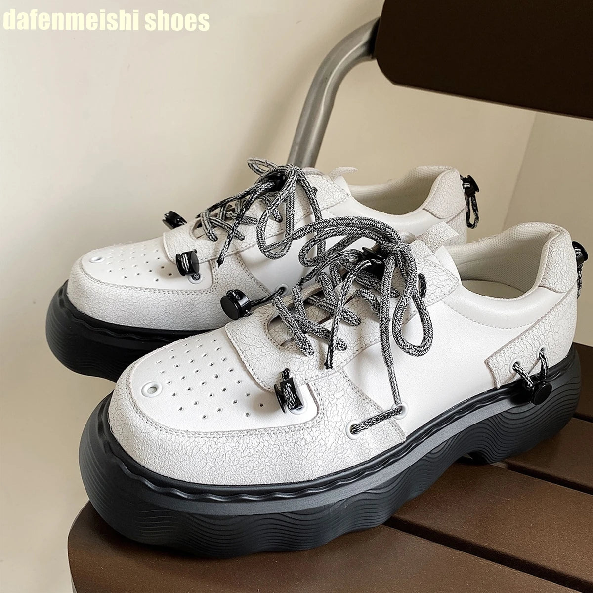 2026 Winter New Man/women Casual Shoes Platform Lace Up Fashion Real Leather Clunck Sneaker Round Toe Mixed Color Punk Dad Shoes
