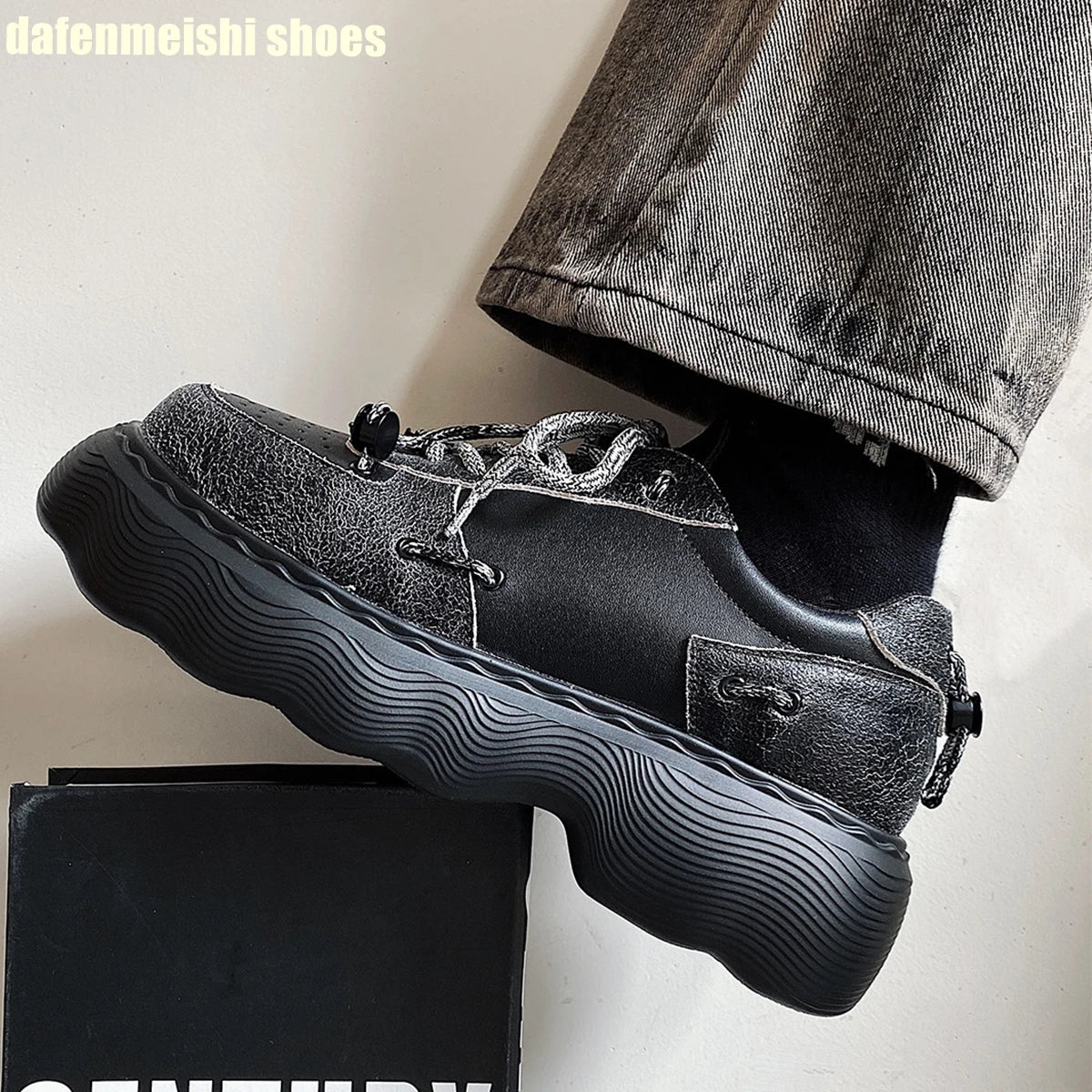 2026 Winter New Man/women Casual Shoes Platform Lace Up Fashion Real Leather Clunck Sneaker Round Toe Mixed Color Punk Dad Shoes