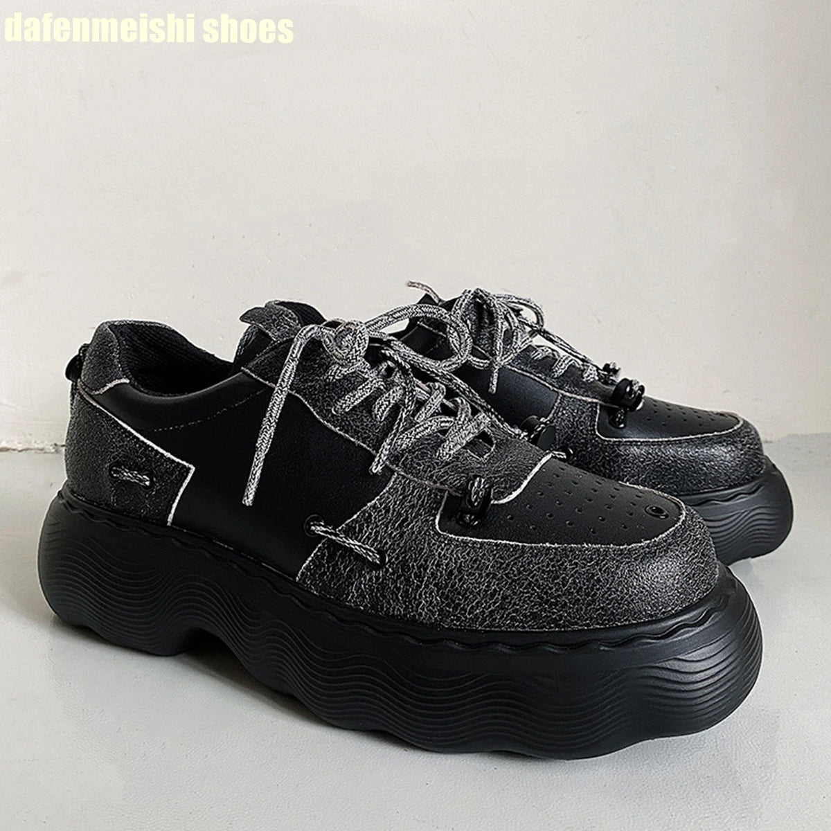 2026 Winter New Man/women Casual Shoes Platform Lace Up Fashion Real Leather Clunck Sneaker Round Toe Mixed Color Punk Dad Shoes